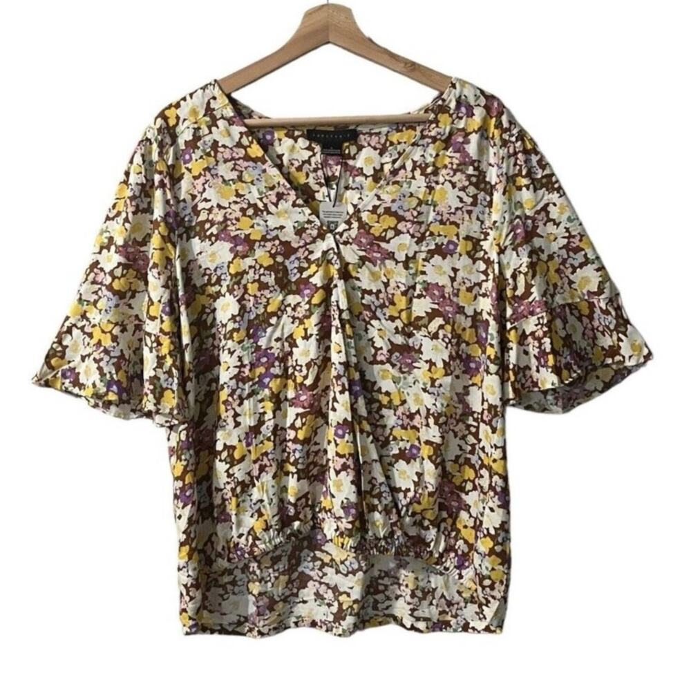 SANCTUARY FAUX WRAP SURPLICE BLOUSE FLORAL SMALL RUFFLED SLEEVES‎ V-NECK NWT